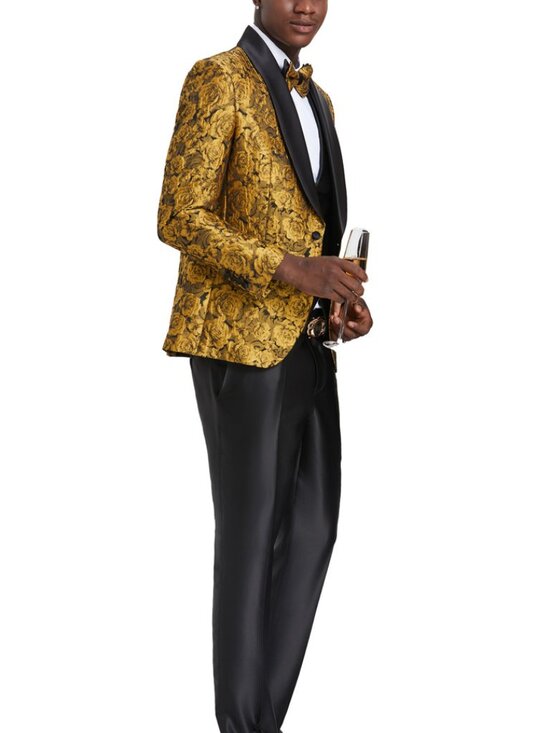 Tazzio Other - Gold/Black Satin Floral Shawl Lapel 3 Piece Fashion Men's Suit